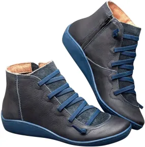 Ankle Booties for Women Flat Heel,Women’s Ankle Boots Fashion Lace Up Side Zip Vintage Booties Low Heel Arch Support