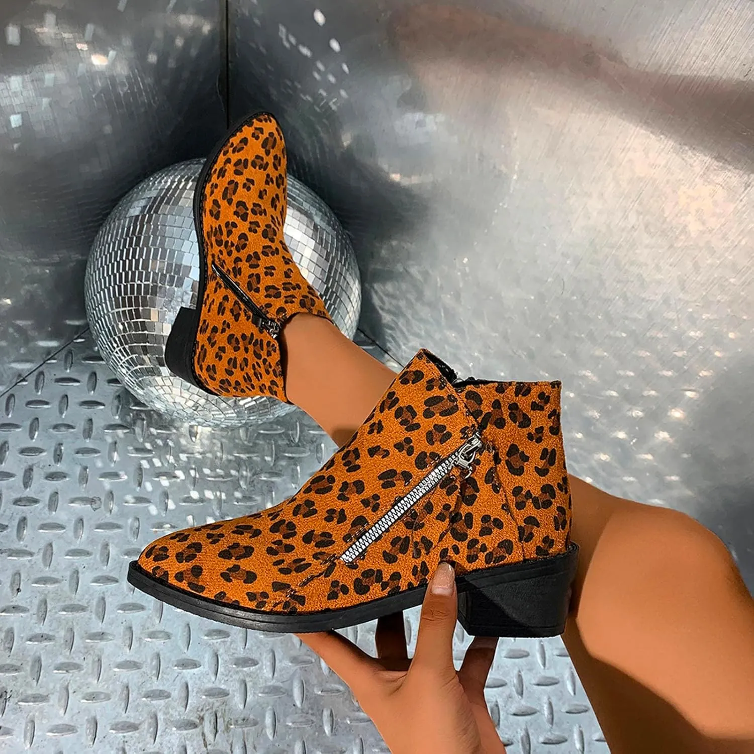 Ankle Boots for Women's 2024 Trendy Leopard Chunky High Heels Pointed Toe Side Zipper Lace up Shoes Short Booties