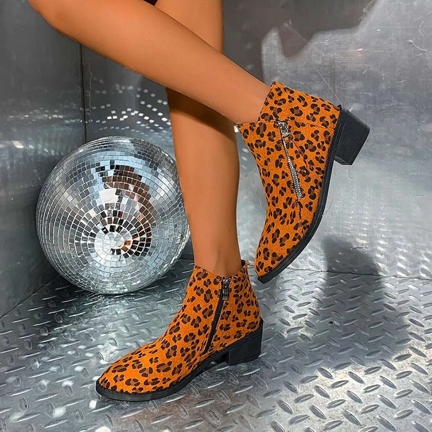 Ankle Boots for Women's 2024 Trendy Leopard Chunky High Heels Pointed Toe Side Zipper Lace up Shoes Short Booties