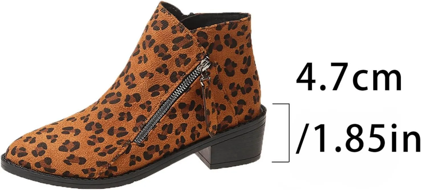 Ankle Boots for Women's 2024 Trendy Leopard Chunky High Heels Pointed Toe Side Zipper Lace up Shoes Short Booties