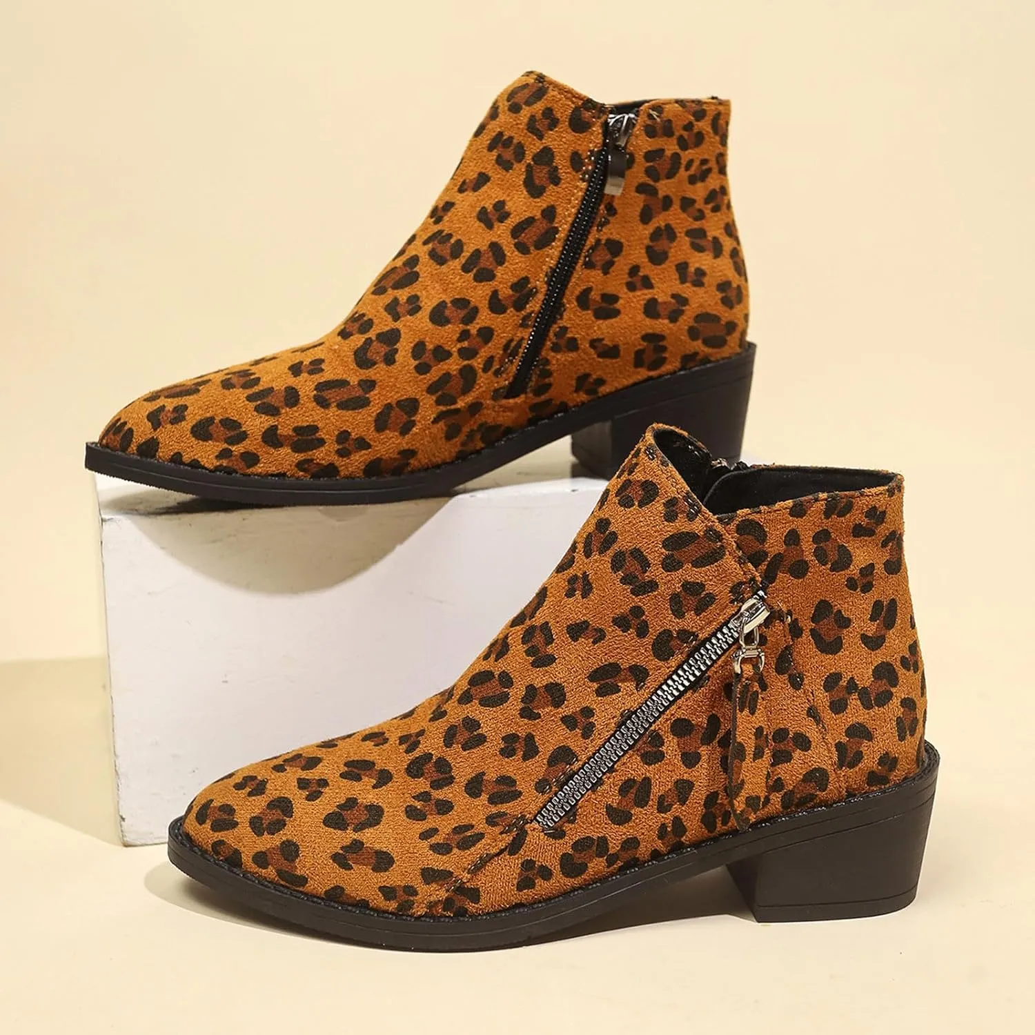 Ankle Boots for Women's 2024 Trendy Leopard Chunky High Heels Pointed Toe Side Zipper Lace up Shoes Short Booties