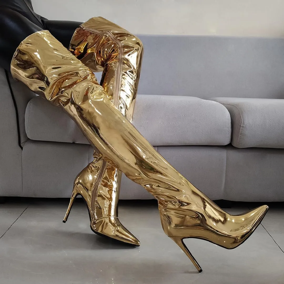 Arqa Women's Metallic Over The Knee High Boots Pointed Toe Stiletto High Heel Thigh High Boot Side Zipper Sexy Party Boot