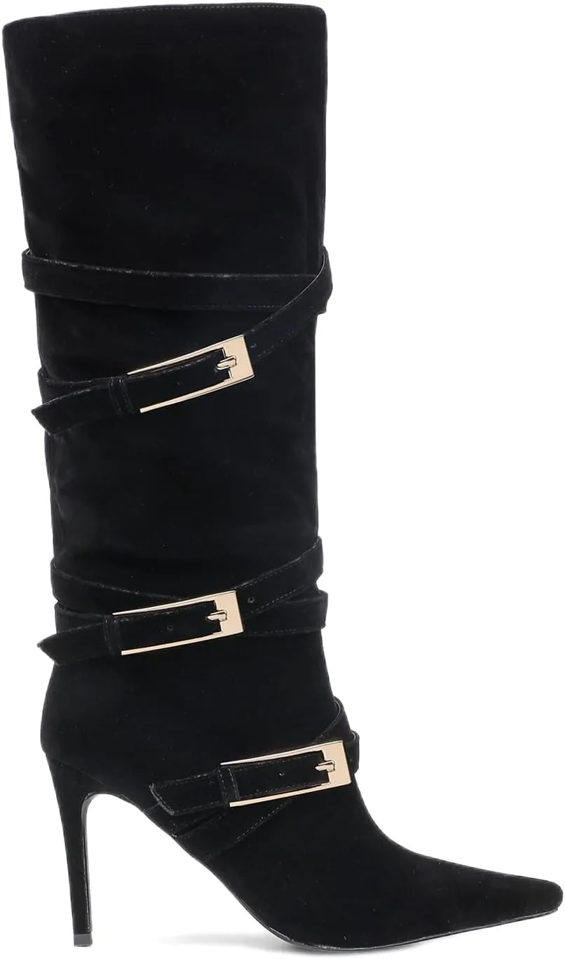 Black Suede Knee High Boots Pointed Toe Stiletto Heel Elegant Buckle Straps High Heel Mid Calf Boots for Women