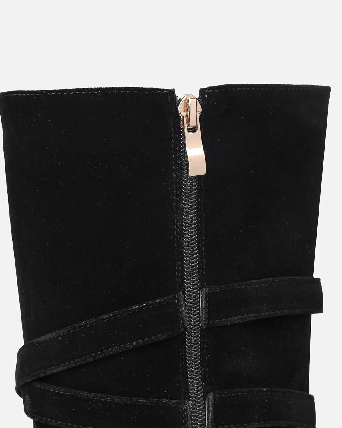 Black Suede Knee High Boots Pointed Toe Stiletto Heel Elegant Buckle Straps High Heel Mid Calf Boots for Women