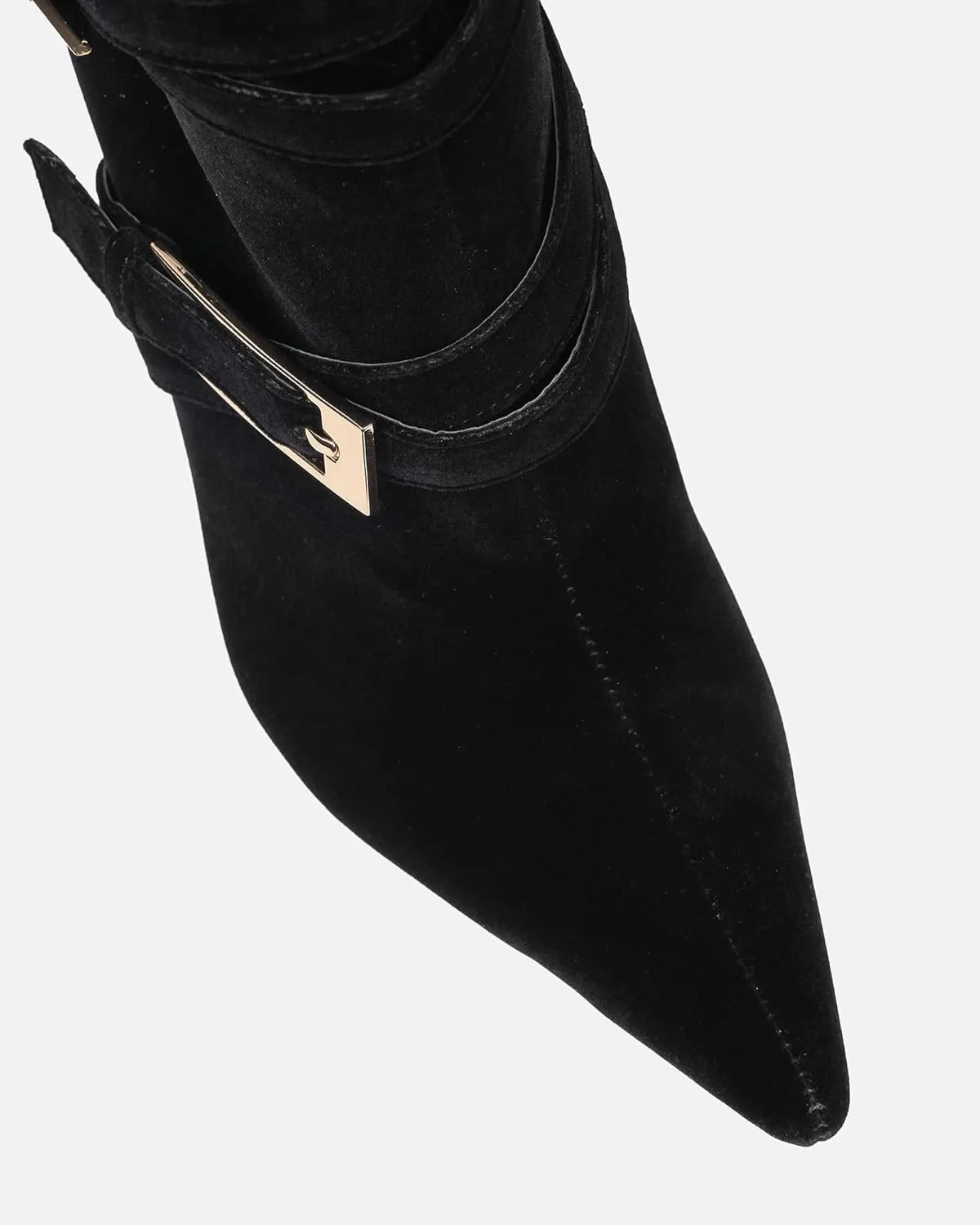 Black Suede Knee High Boots Pointed Toe Stiletto Heel Elegant Buckle Straps High Heel Mid Calf Boots for Women