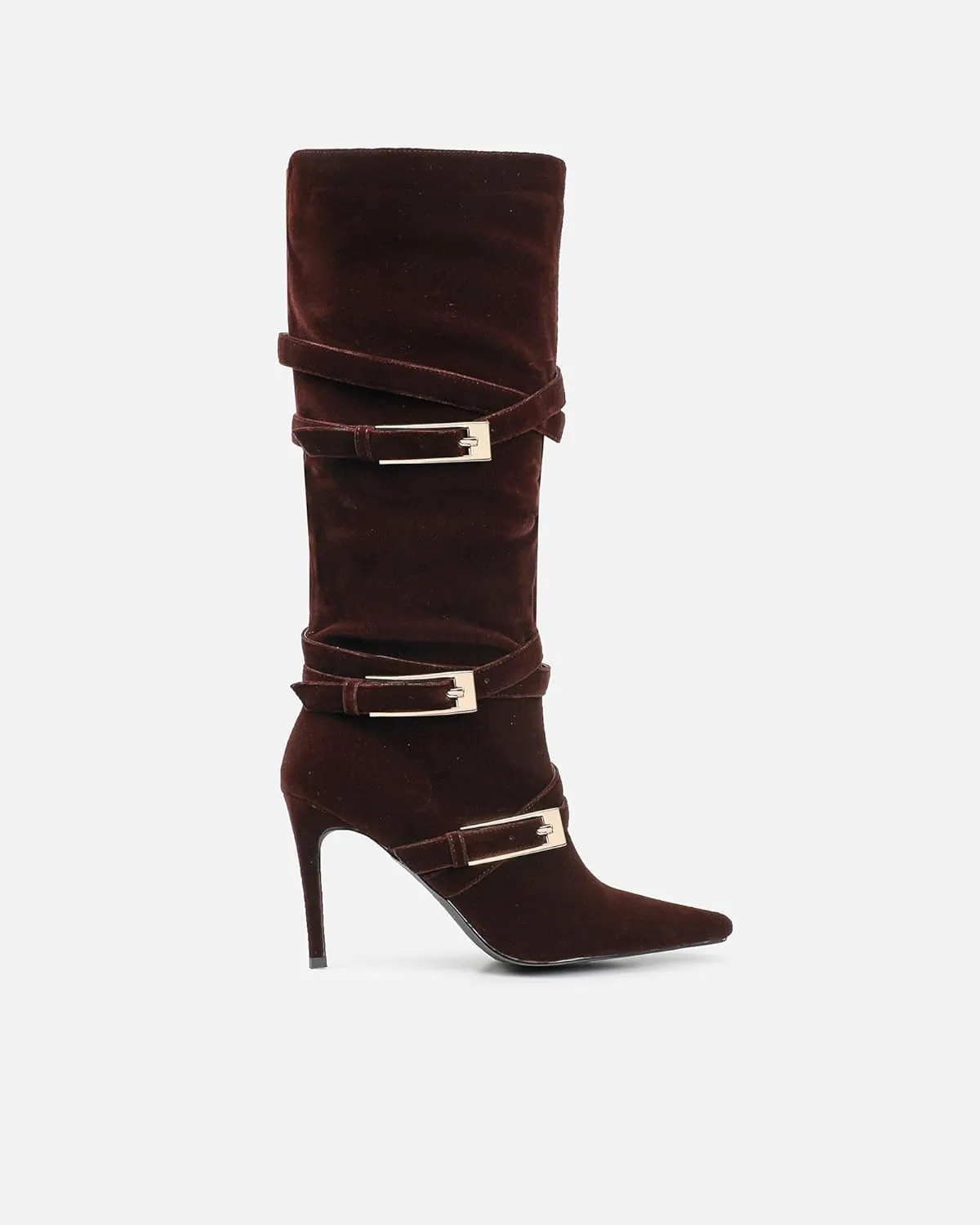 Black Suede Knee High Boots Pointed Toe Stiletto Heel Elegant Buckle Straps High Heel Mid Calf Boots for Women