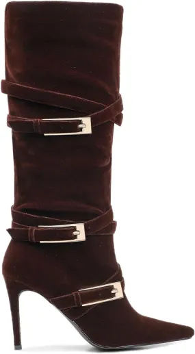 Black Suede Knee High Boots Pointed Toe Stiletto Heel Elegant Buckle Straps High Heel Mid Calf Boots for Women