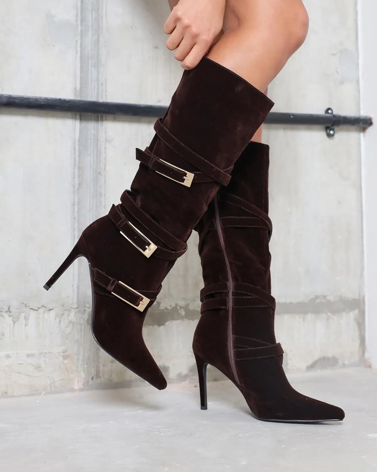 Black Suede Knee High Boots Pointed Toe Stiletto Heel Elegant Buckle Straps High Heel Mid Calf Boots for Women