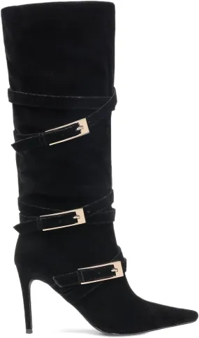Black Suede Knee High Boots Pointed Toe Stiletto Heel Elegant Buckle Straps High Heel Mid Calf Boots for Women