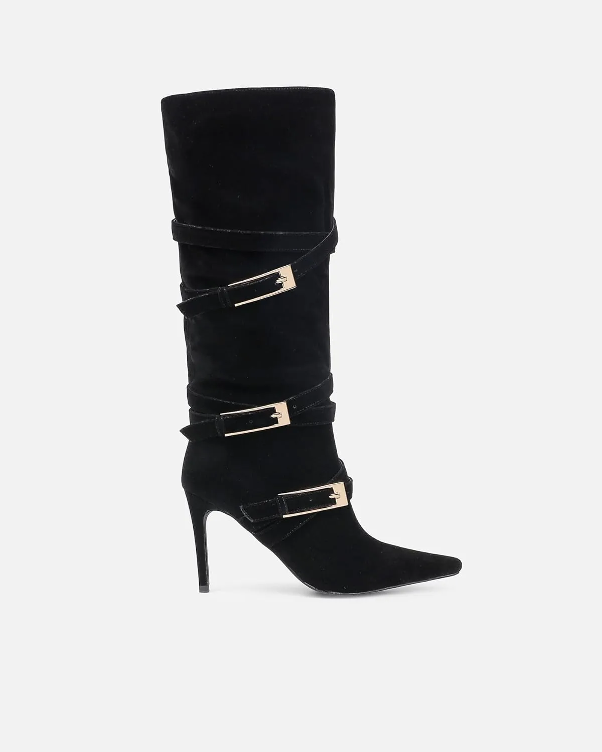 Black Suede Knee High Boots Pointed Toe Stiletto Heel Elegant Buckle Straps High Heel Mid Calf Boots for Women