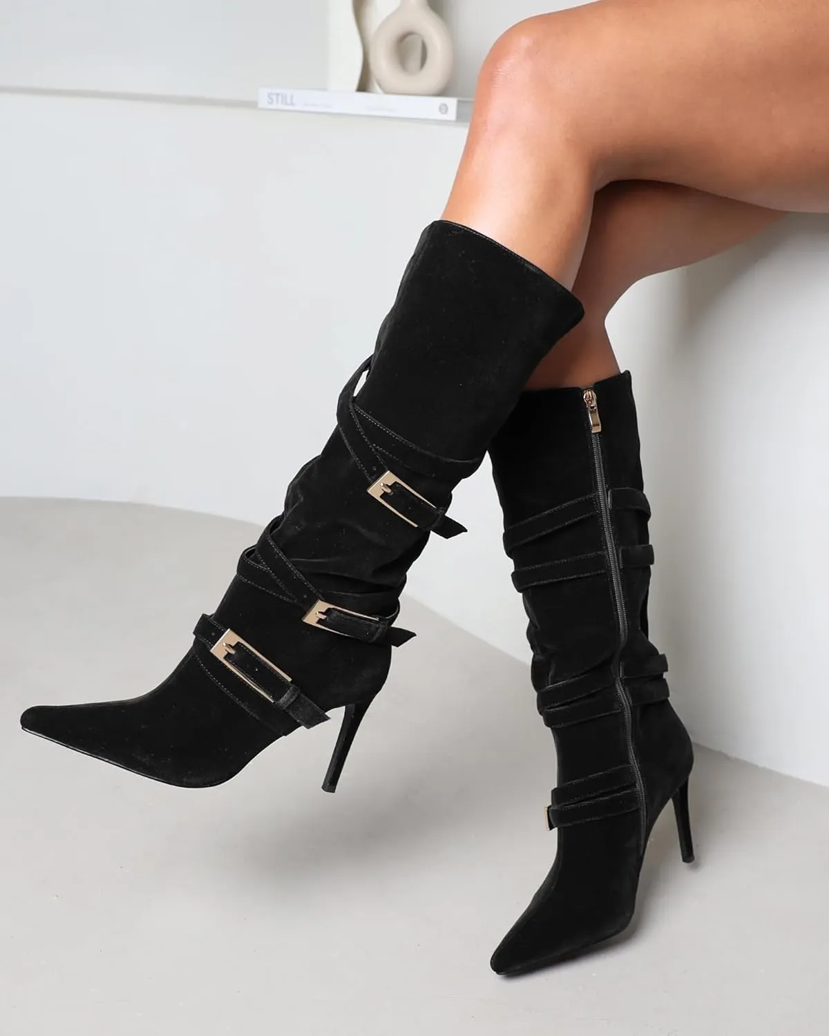 Black Suede Knee High Boots Pointed Toe Stiletto Heel Elegant Buckle Straps High Heel Mid Calf Boots for Women