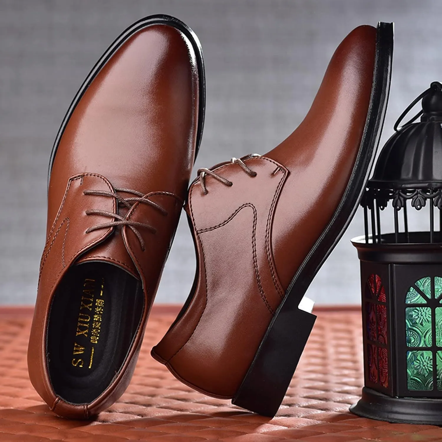 BORAMAX Mens Black PU Dress Shoes Spring SummerFashion Style Men's Breathable Comfortable Business Lace Up Leather Slip Shoe