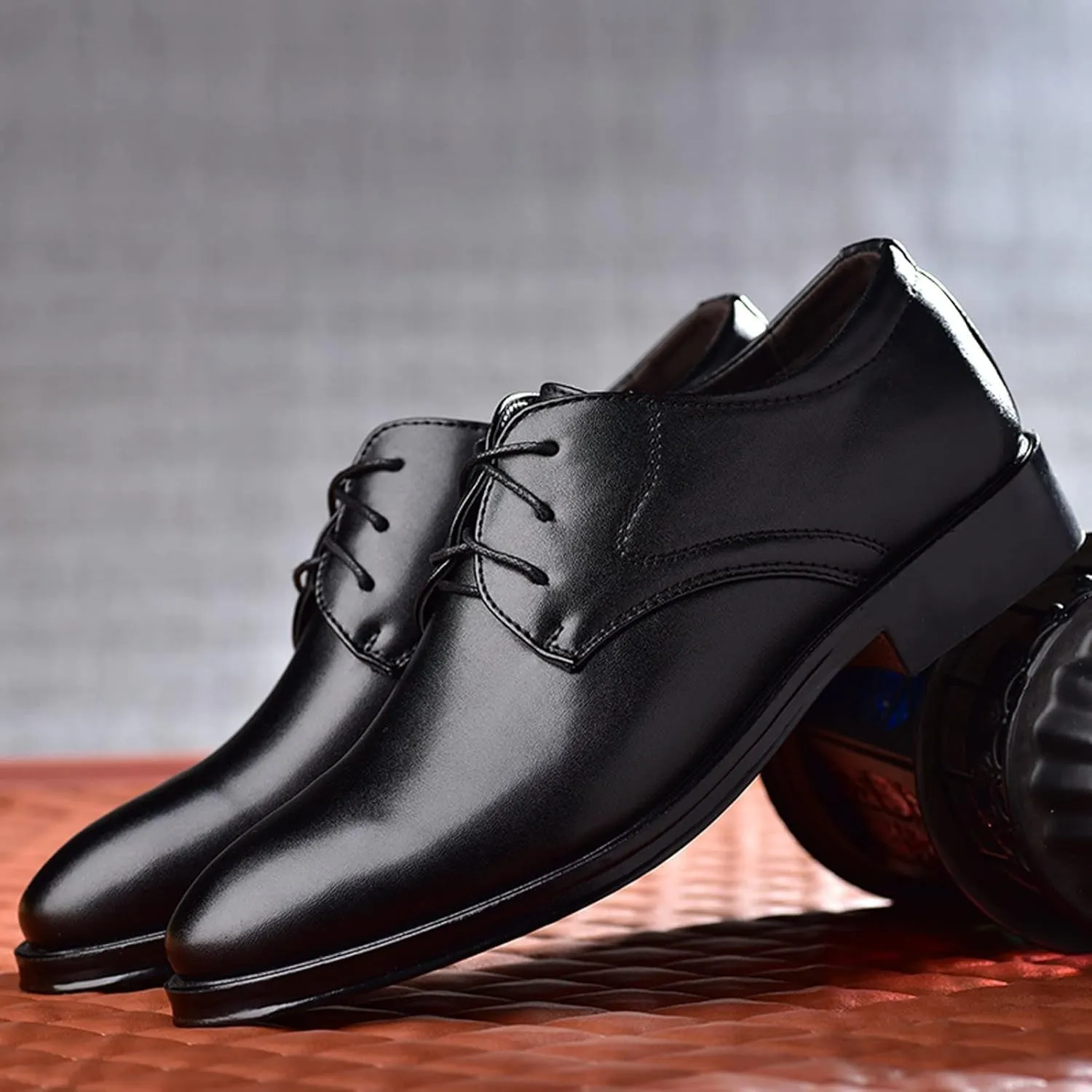 BORAMAX Mens Black PU Dress Shoes Spring SummerFashion Style Men's Breathable Comfortable Business Lace Up Leather Slip Shoe