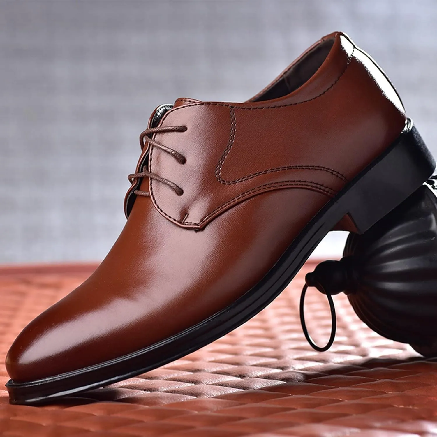 BORAMAX Mens Black PU Dress Shoes Spring SummerFashion Style Men's Breathable Comfortable Business Lace Up Leather Slip Shoe