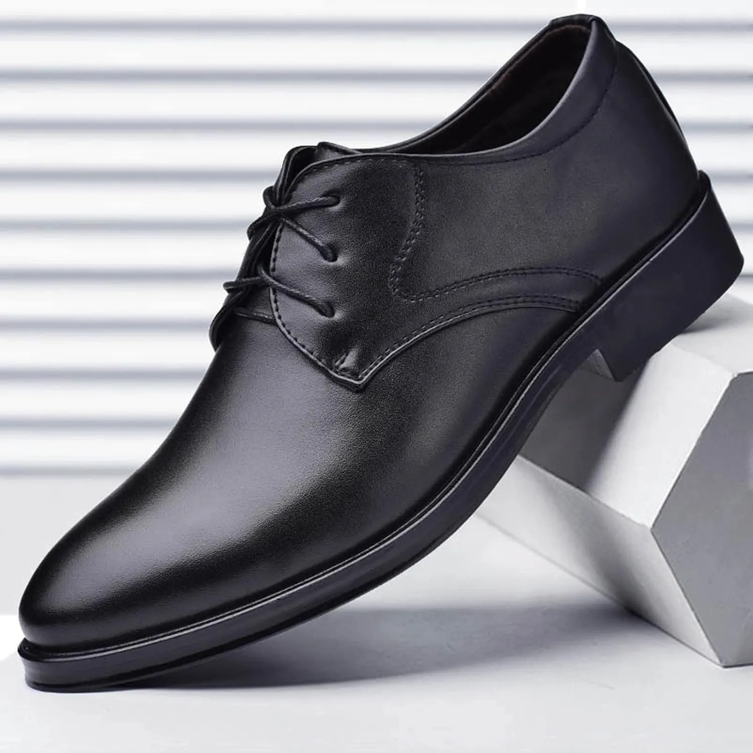 BORAMAX Mens Black PU Dress Shoes Spring SummerFashion Style Men's Breathable Comfortable Business Lace Up Leather Slip Shoe