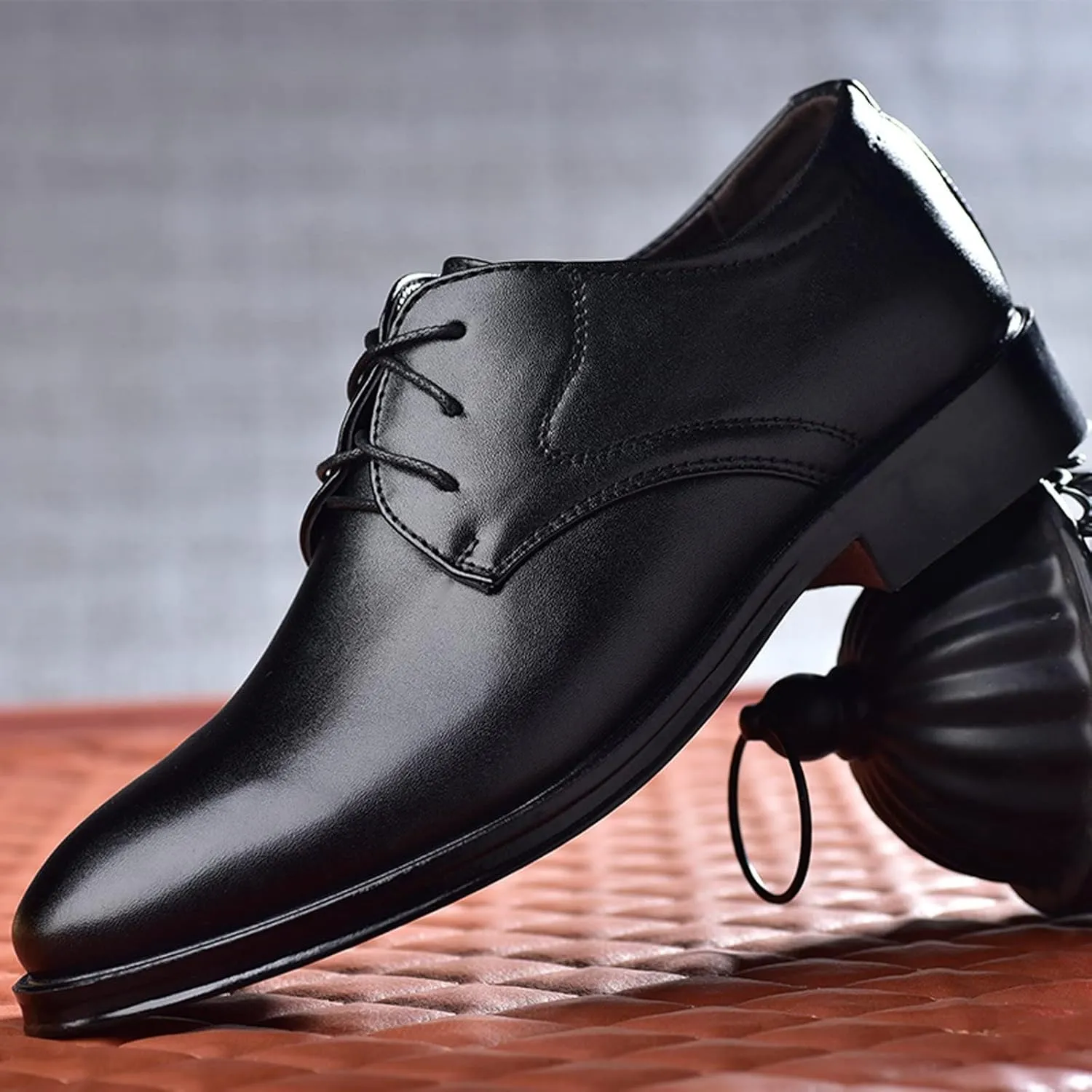 BORAMAX Mens Black PU Dress Shoes Spring SummerFashion Style Men's Breathable Comfortable Business Lace Up Leather Slip Shoe