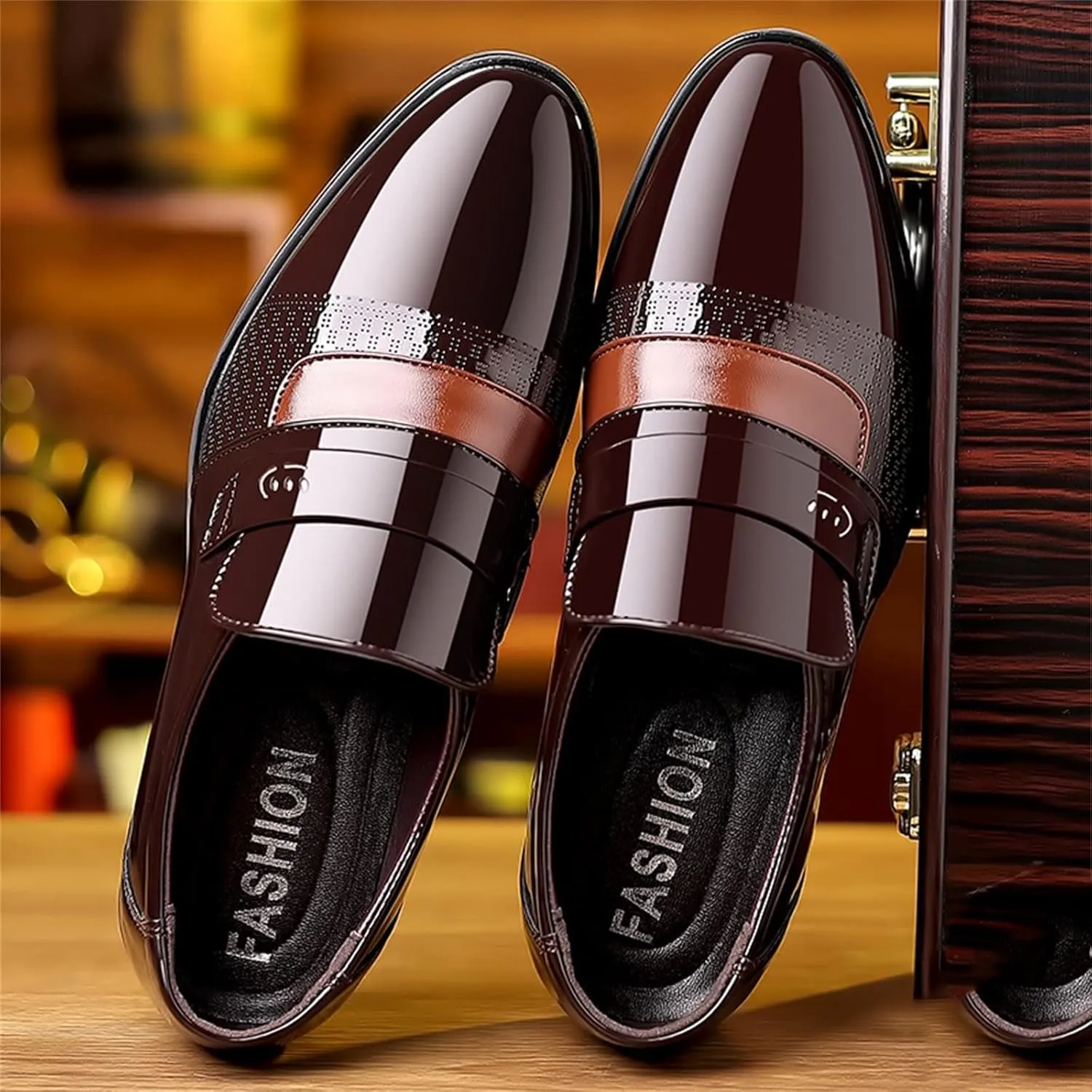 BORAMAX Men's Dress Shoes Slip-On Loafers Formal Wedding Shoes for Men Fashion Metal Strip Decoration Business Suit Shoes