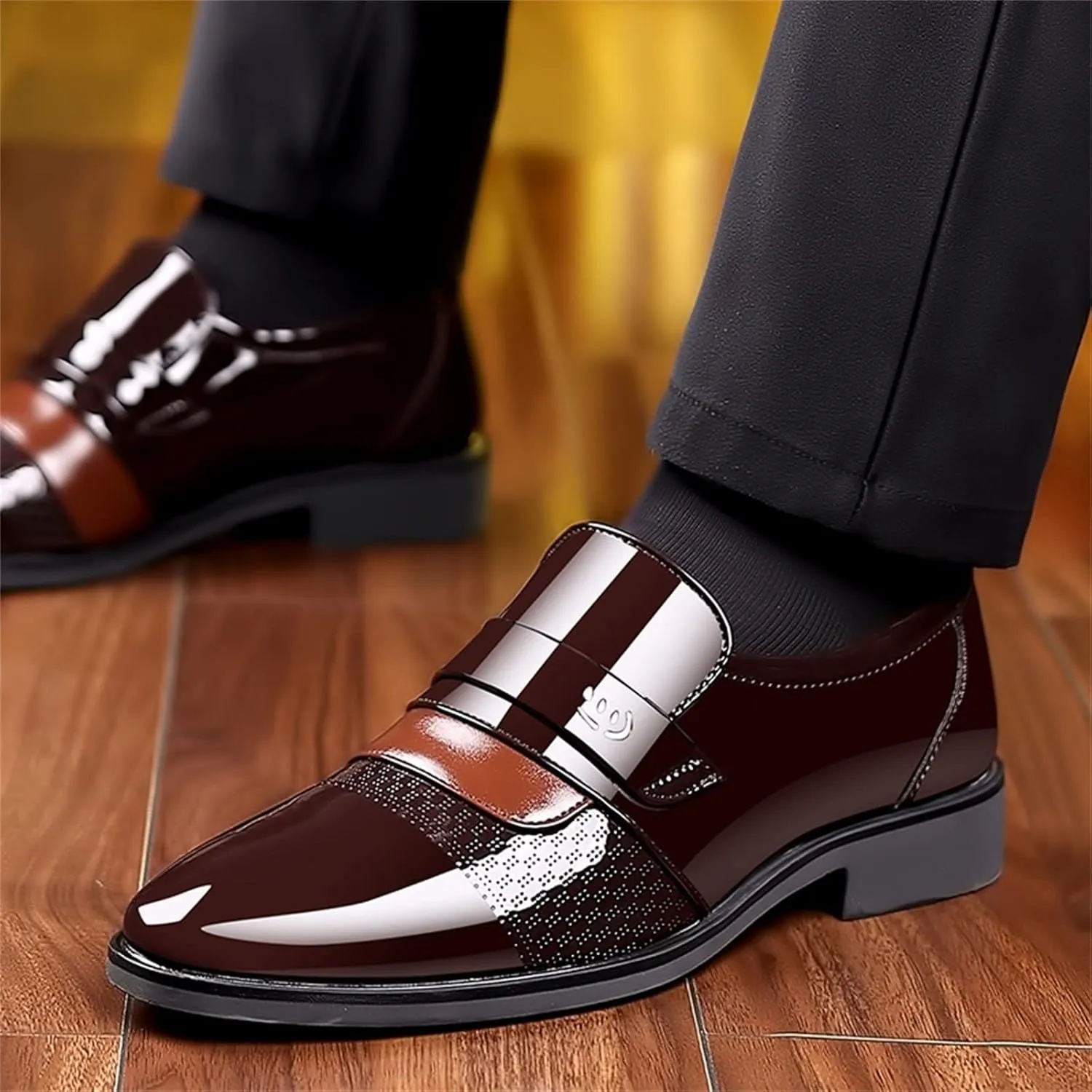 BORAMAX Men's Dress Shoes Slip-On Loafers Formal Wedding Shoes for Men Fashion Metal Strip Decoration Business Suit Shoes