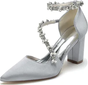 Bride Comfortable Wedding Shoes Womens Prom Pumps with Rhinestone Chains