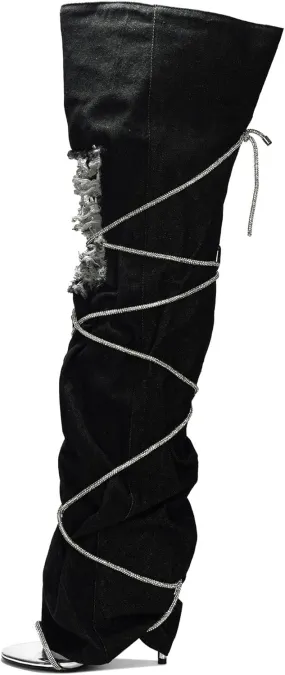 Cape Robbin Nobu Thigh High Boots, Stylish Rope Knee High Cowboy Boots Women, Long Denim Boots, High Heel Boots, Knee High Boots Women - Black Size 9
