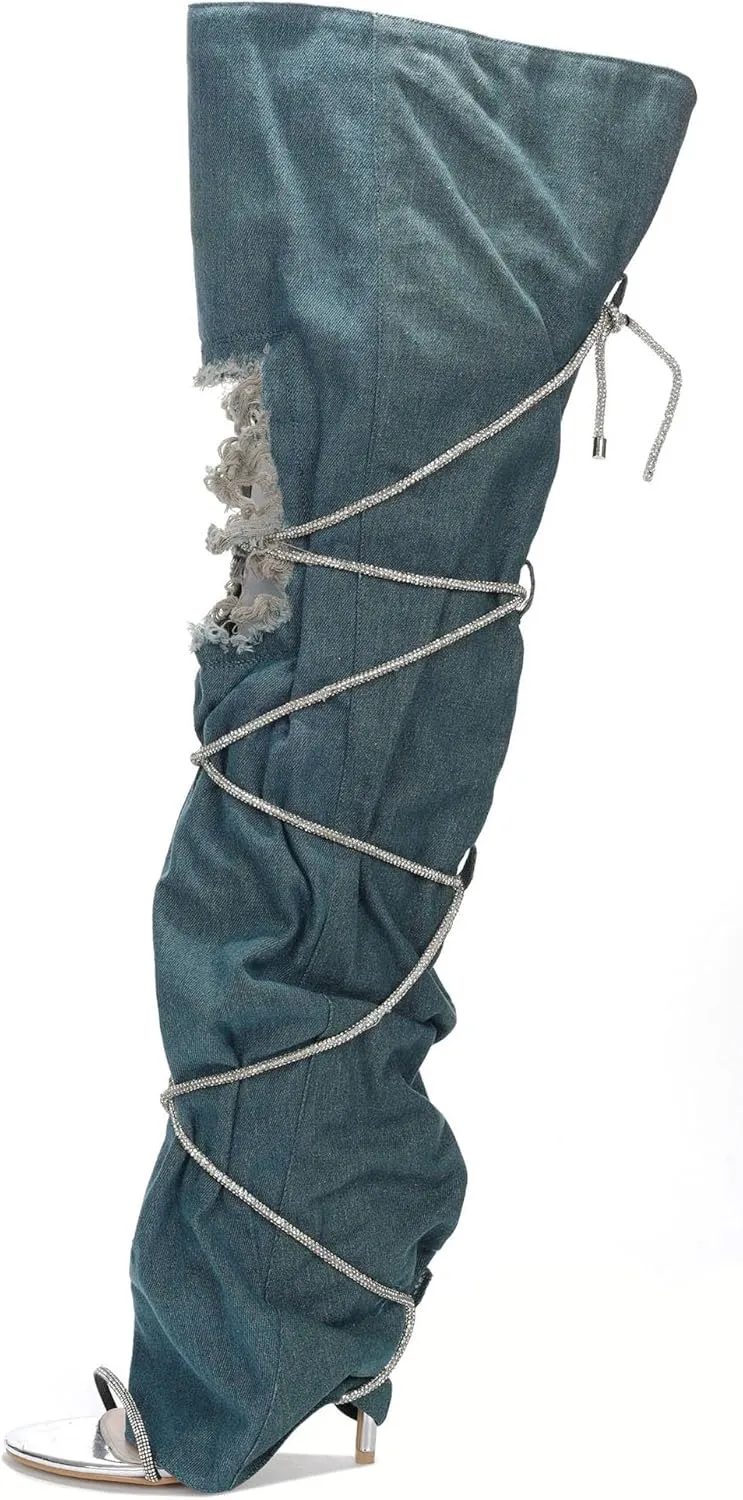 Cape Robbin Nobu Thigh High Boots, Stylish Rope Knee High Cowboy Boots Women, Long Denim Boots, High Heel Boots, Knee High Boots Women - Blue Size 11