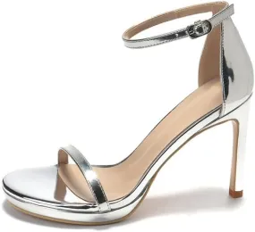 Classic Luxury Silver Sandals Fashionable Wedding Party Dress Pumps Shoes Women's Open Toe Ankle Strap Stiletto High Heels