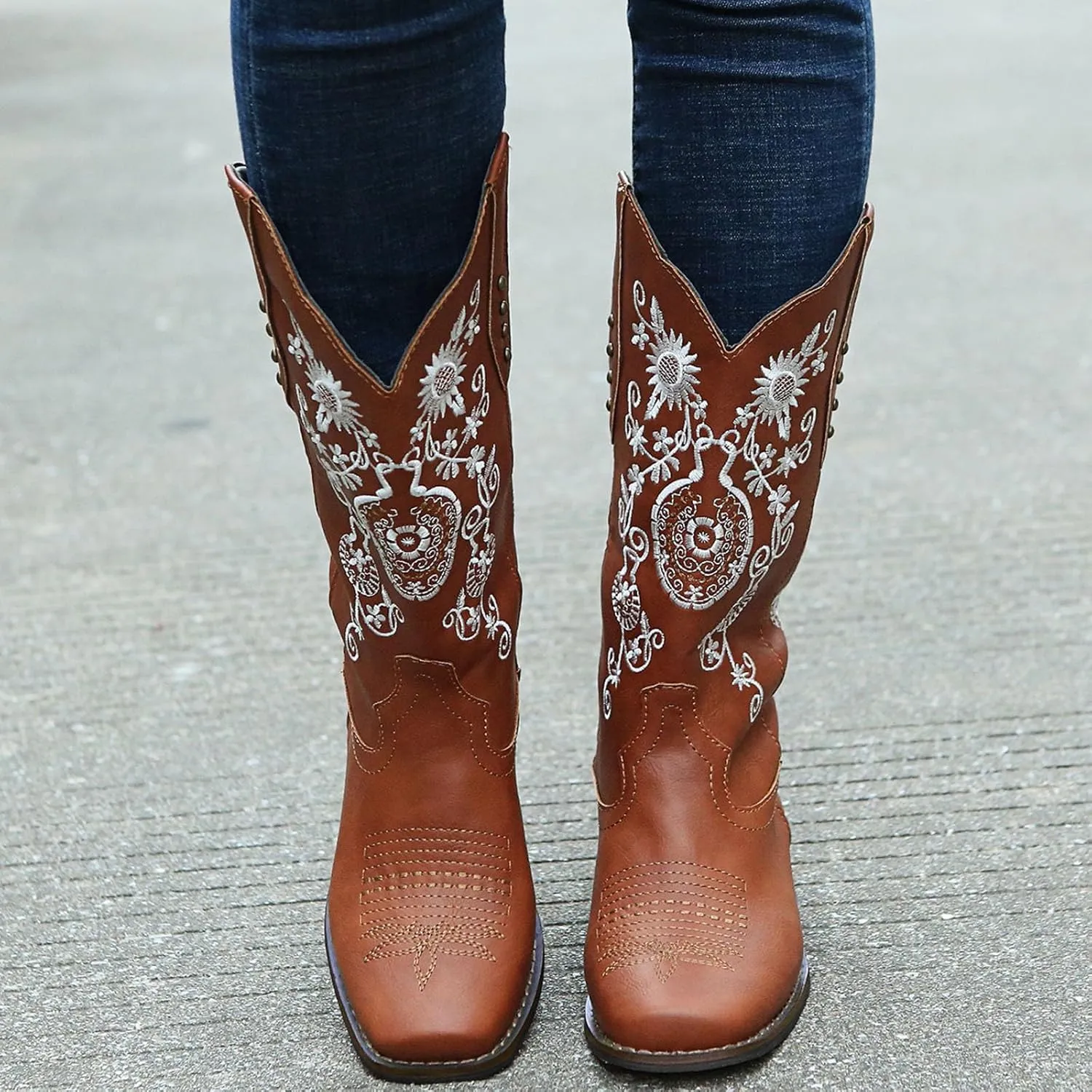 Cowboy Boots for Women Western Embroidery Stitched Square Toe Wide Calf Cowboy Boots Women Fashion Ankle Boots for Women