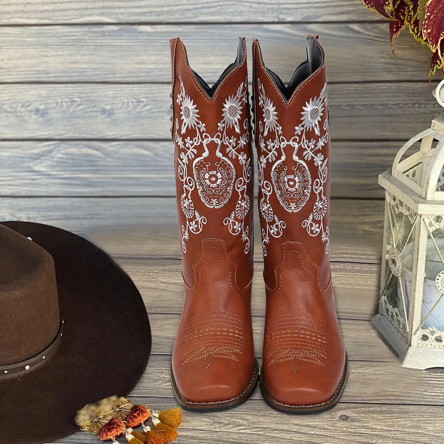 Cowboy Boots for Women Western Embroidery Stitched Square Toe Wide Calf Cowboy Boots Women Fashion Ankle Boots for Women