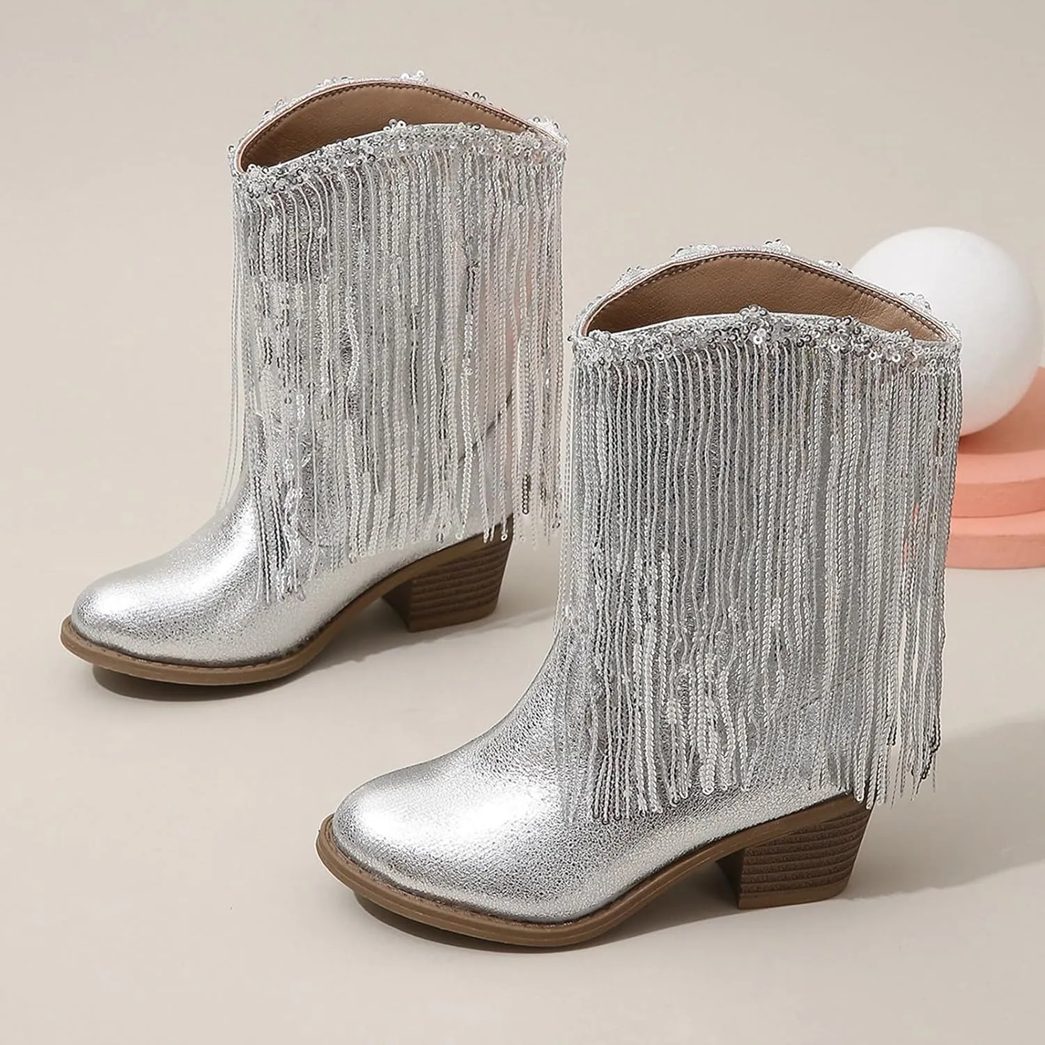 Girls Cowboy Boots Casual Leather Girl Western Boots High Calf High Heels Boots Waterproof Comfortable Ankle Boots