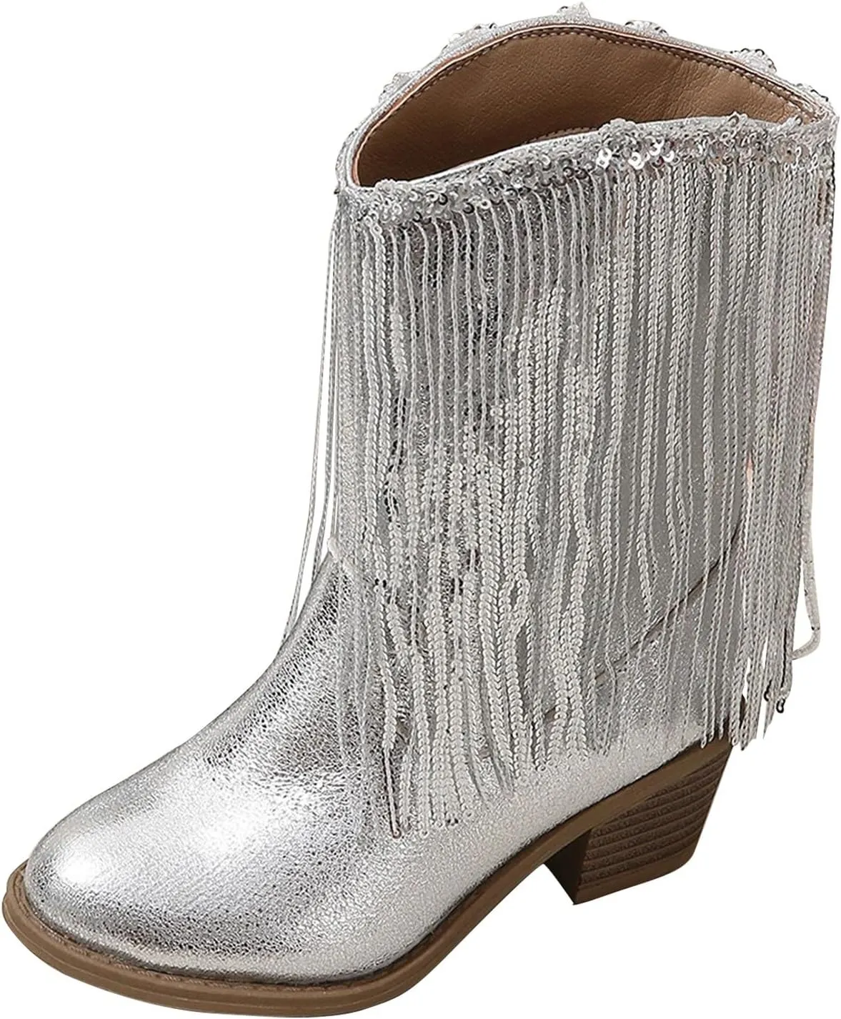 Girls Cowboy Boots Casual Leather Girl Western Boots High Calf High Heels Boots Waterproof Comfortable Ankle Boots