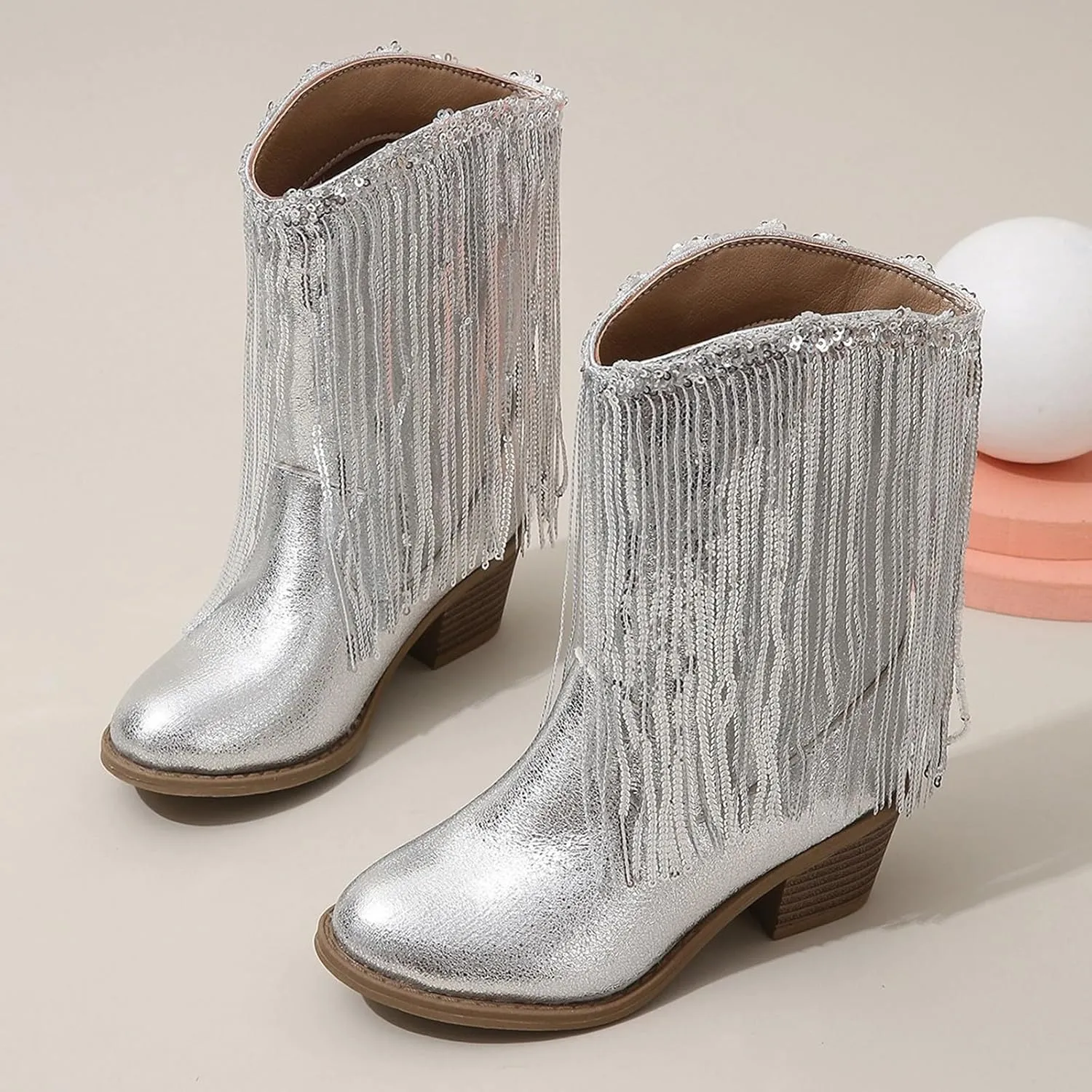 Girls Cowboy Boots Casual Leather Girl Western Boots High Calf High Heels Boots Waterproof Comfortable Ankle Boots