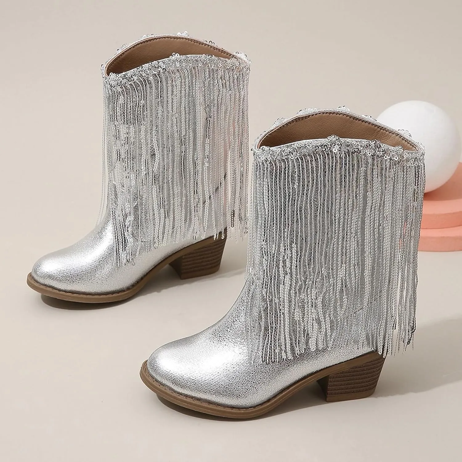 Girls Cowboy Boots Casual Leather Girl Western Boots High Calf High Heels Boots Waterproof Comfortable Ankle Boots