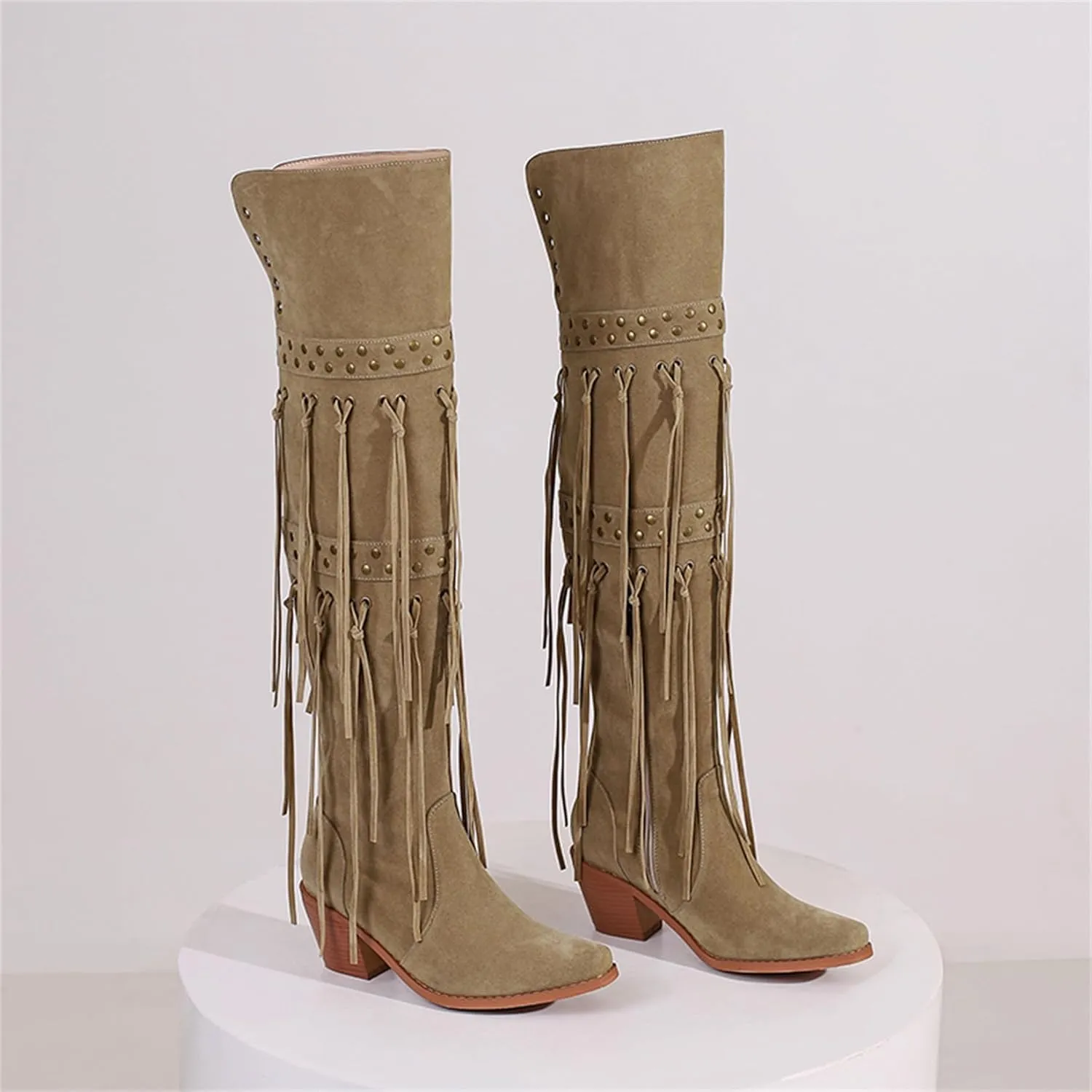 KISSASA Fringe Thigh Thigh Heeled Boots Suede Stacked Chunky Over The Knee High Heel Boots
