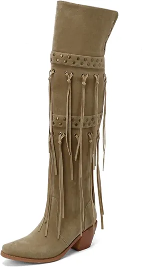 KISSASA Fringe Thigh Thigh Heeled Boots Suede Stacked Chunky Over The Knee High Heel Boots