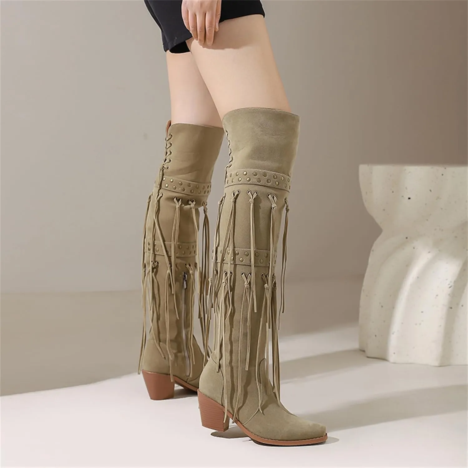 KISSASA Fringe Thigh Thigh Heeled Boots Suede Stacked Chunky Over The Knee High Heel Boots