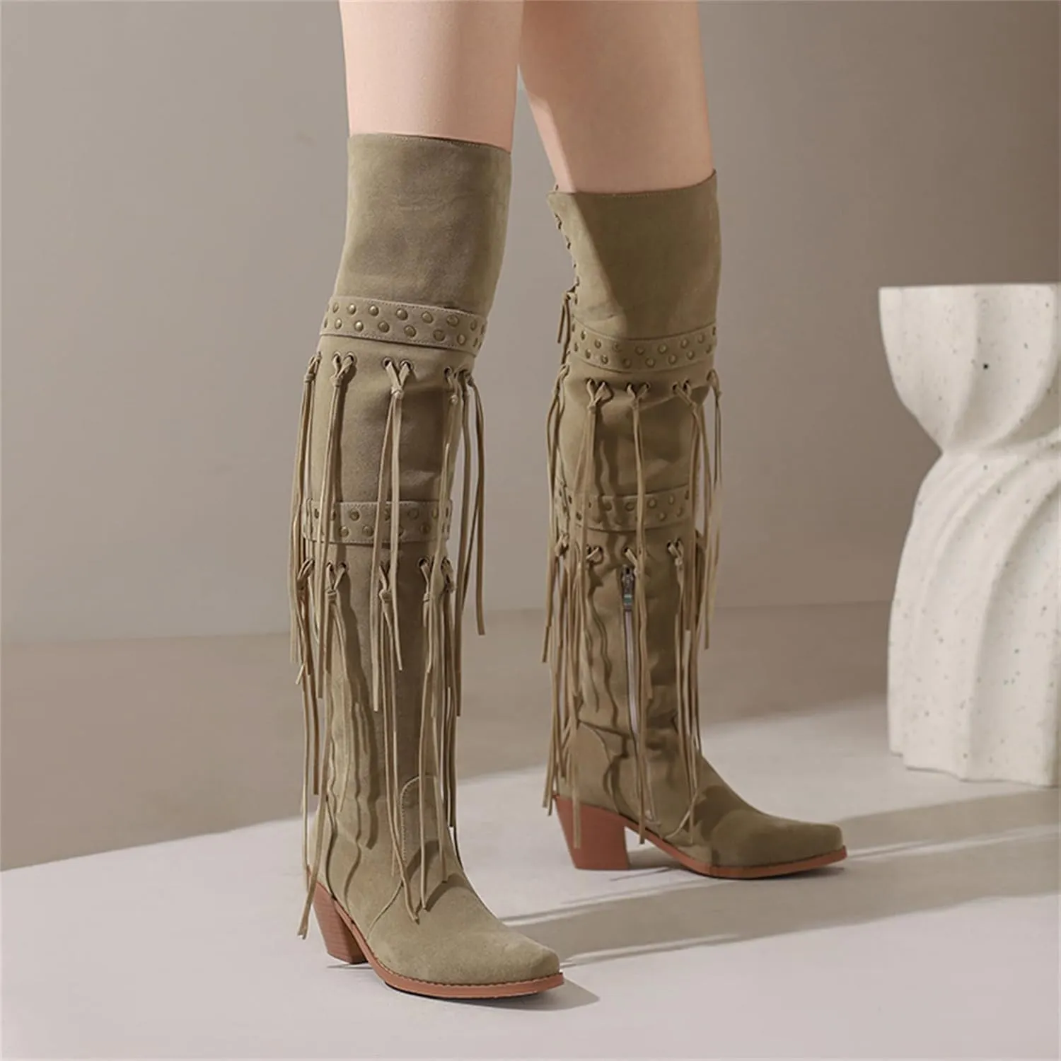 KISSASA Fringe Thigh Thigh Heeled Boots Suede Stacked Chunky Over The Knee High Heel Boots
