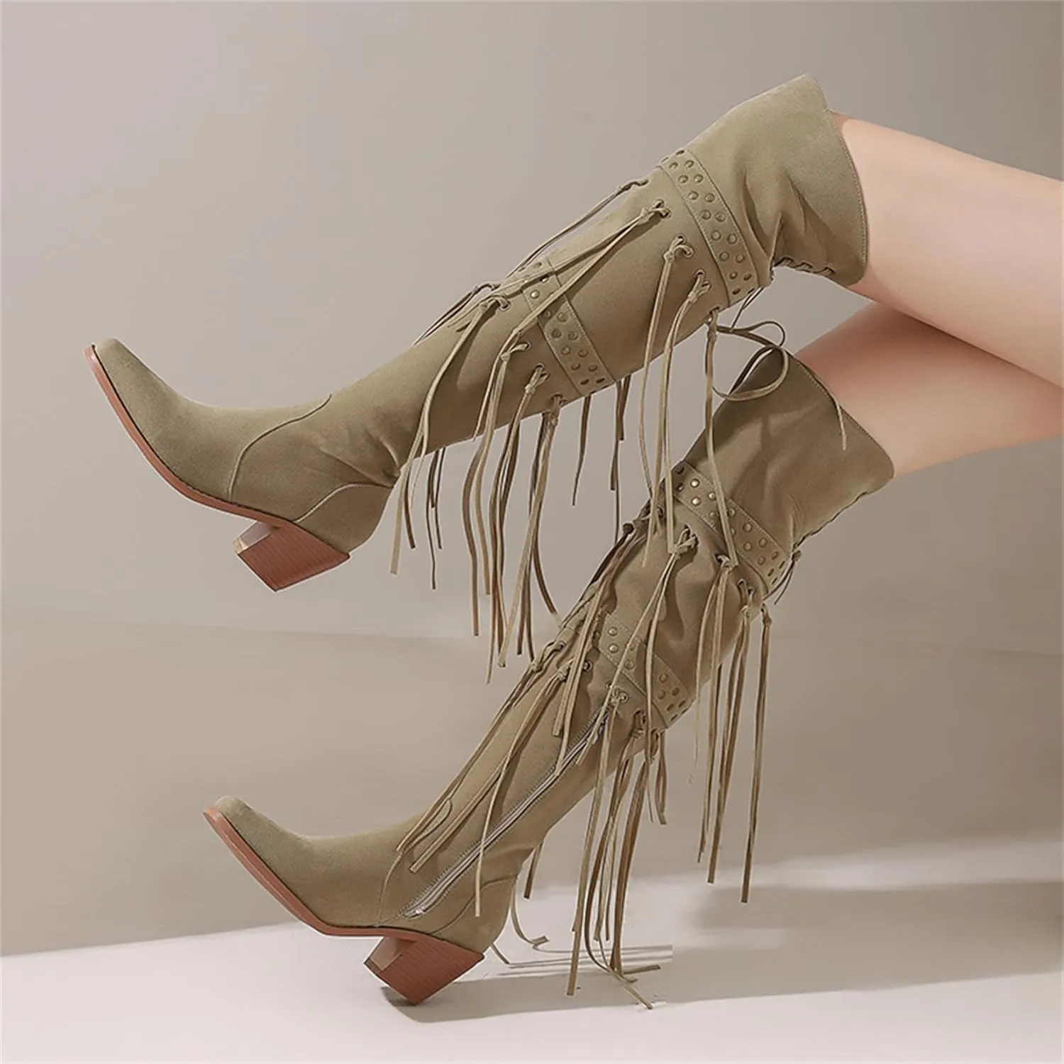 KISSASA Fringe Thigh Thigh Heeled Boots Suede Stacked Chunky Over The Knee High Heel Boots