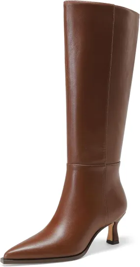 Knee High Boots Women 2.5 In Stiletto Boots for Women High Heel Faux Leather Pointed Toe Side Zipper Dress Kitten Heel