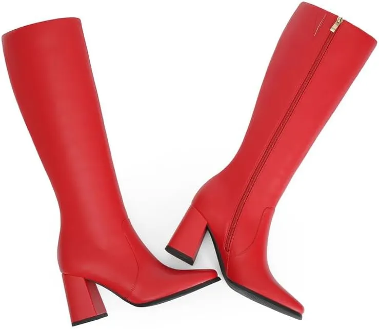 Modatope Knee High Boots Women Chunky Heel Square Toe Tall Boots for Women High Heel Side Zipper Long Boots