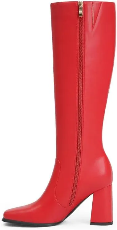 Modatope Knee High Boots Women Chunky Heel Square Toe Tall Boots for Women High Heel Side Zipper Long Boots
