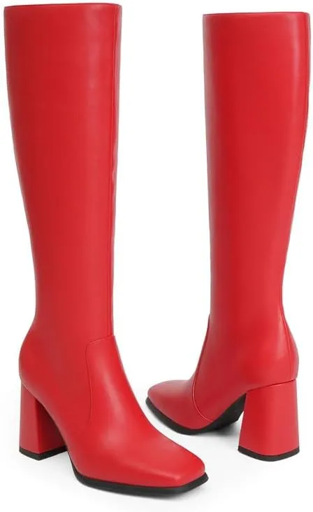 Modatope Knee High Boots Women Chunky Heel Square Toe Tall Boots for Women High Heel Side Zipper Long Boots
