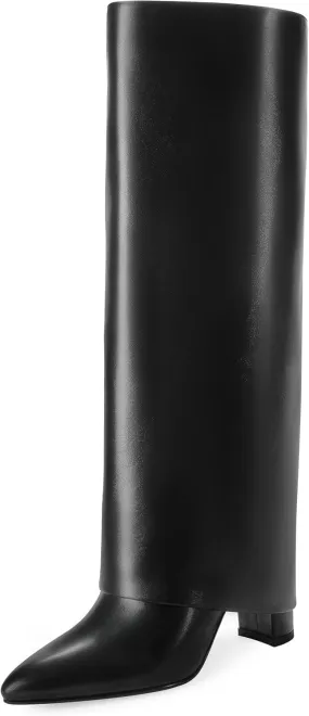 Modatope Knee High Boots Women Fold Over Knee High Boots Chunky High Heels Long Boots Zipper Pointed Toe Dress Tall Boots for Women