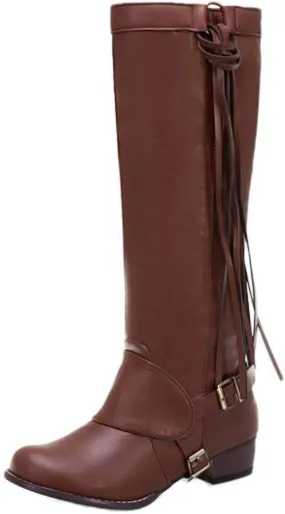 oiangi Boots for Women Knee High - Fashion Buckle Strap Fringed Chunky Low Heel Round Toe High Riding Boots Solid Casual Comfortable Square Heel Shoes