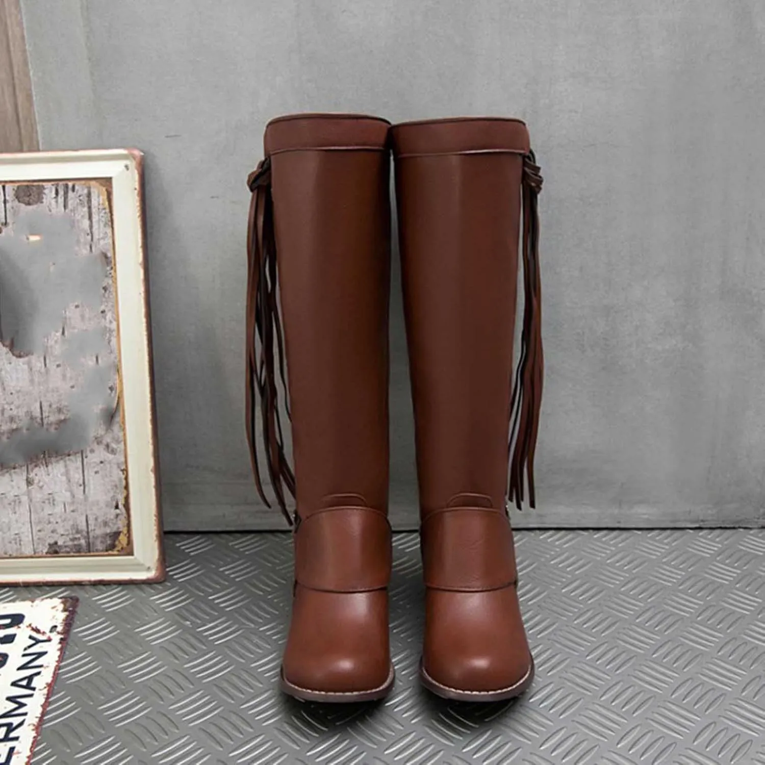 oiangi Boots for Women Knee High - Fashion Buckle Strap Fringed Chunky Low Heel Round Toe High Riding Boots Solid Casual Comfortable Square Heel Shoes