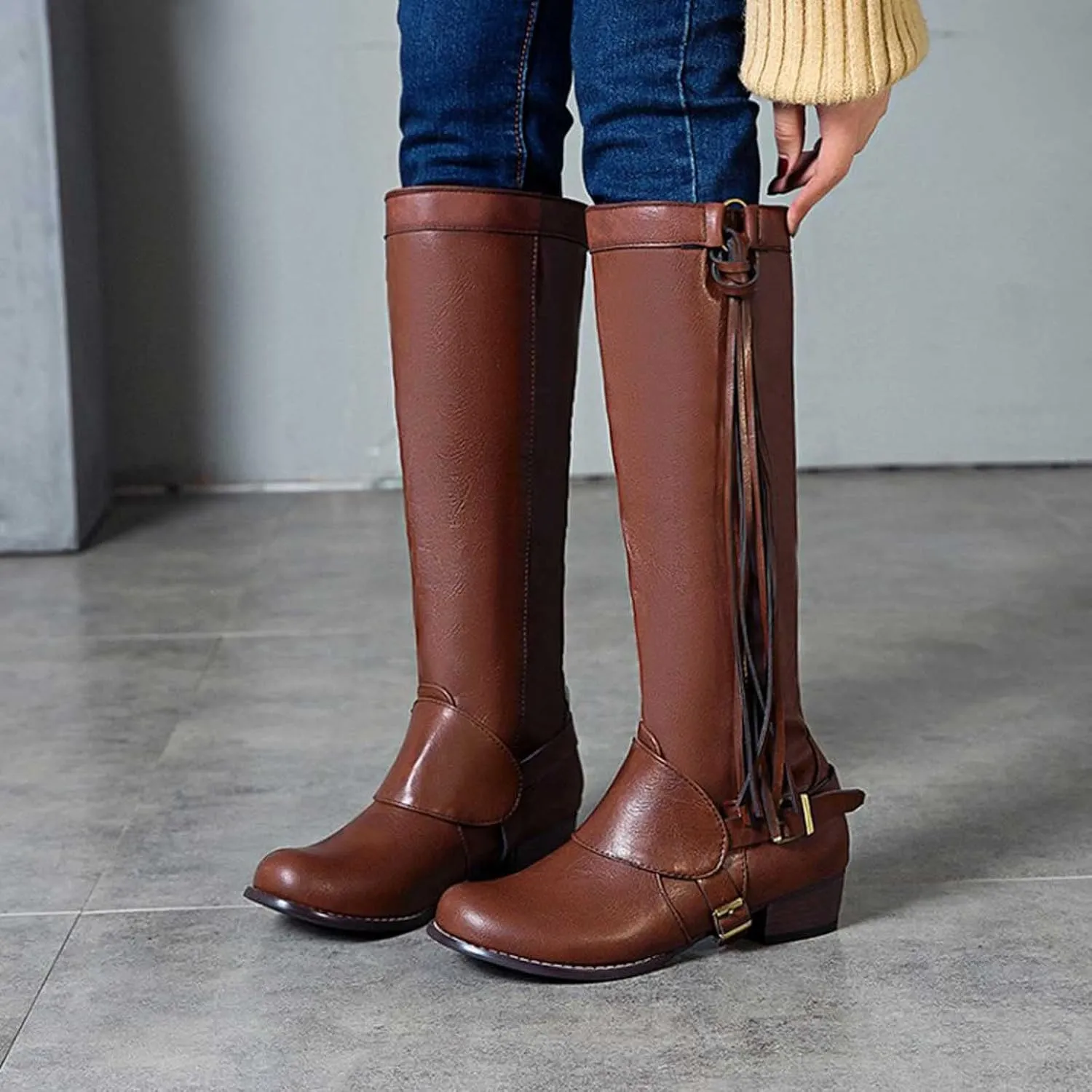 oiangi Boots for Women Knee High - Fashion Buckle Strap Fringed Chunky Low Heel Round Toe High Riding Boots Solid Casual Comfortable Square Heel Shoes