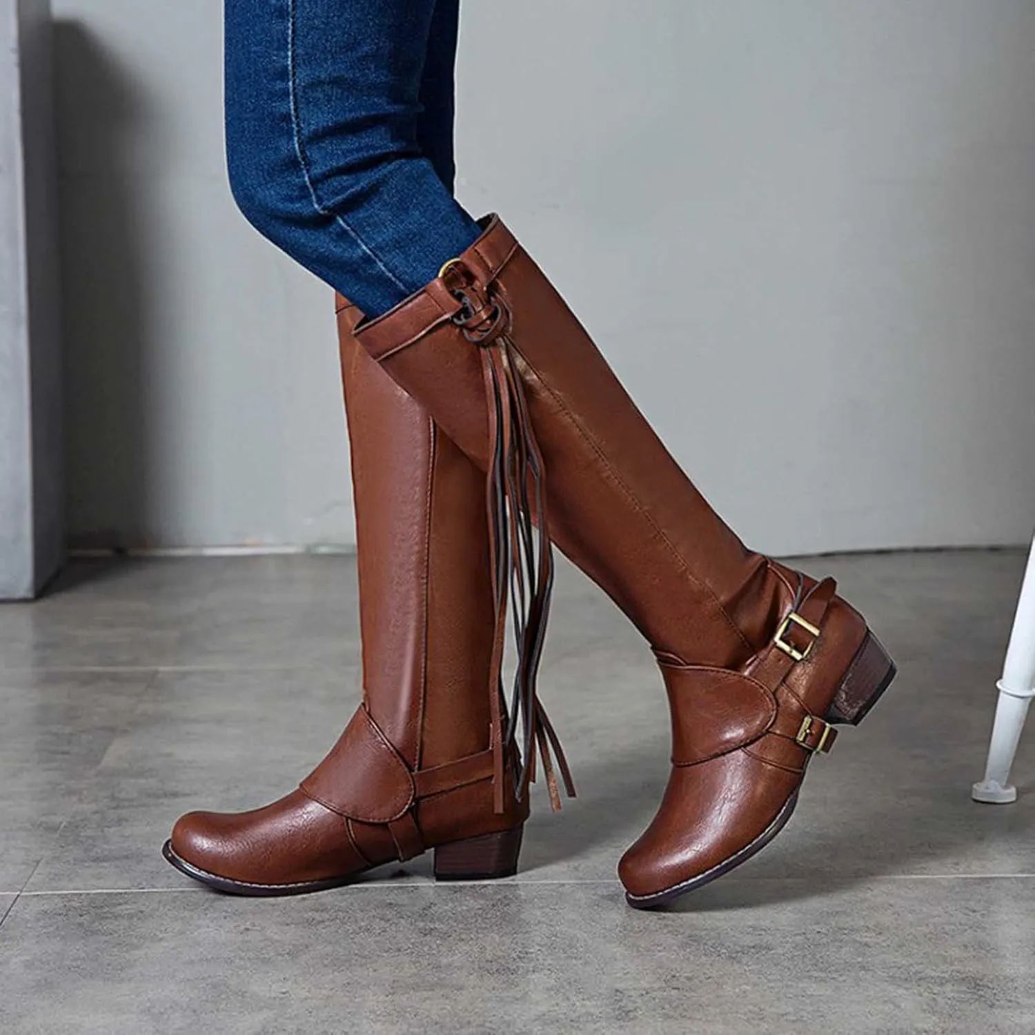 oiangi Boots for Women Knee High - Fashion Buckle Strap Fringed Chunky Low Heel Round Toe High Riding Boots Solid Casual Comfortable Square Heel Shoes