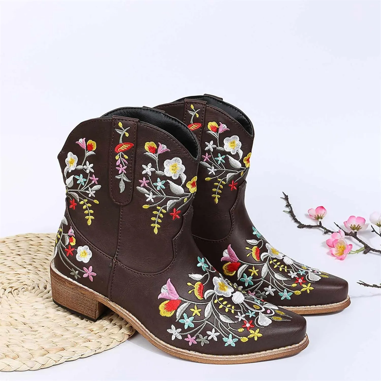 OMEARK Ladies Cowboy Ankle Boots, Fashion Pointed Toe Low Block Chunky Heel Floral Short Booties, Winter Non-Slip Embroidery Snip Toe Western Boots