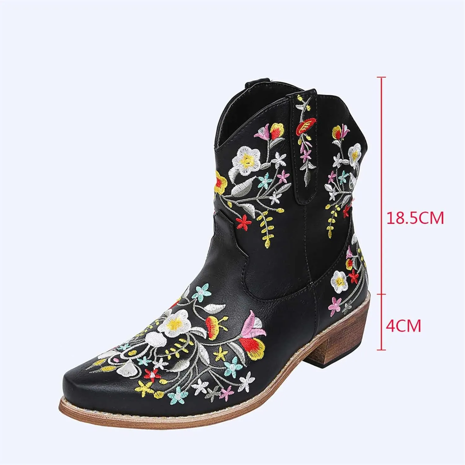 OMEARK Ladies Cowboy Ankle Boots, Fashion Pointed Toe Low Block Chunky Heel Floral Short Booties, Winter Non-Slip Embroidery Snip Toe Western Boots