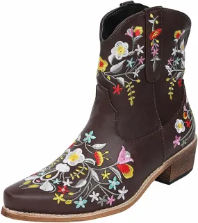 OMEARK Ladies Cowboy Ankle Boots, Fashion Pointed Toe Low Block Chunky Heel Floral Short Booties, Winter Non-Slip Embroidery Snip Toe Western Boots