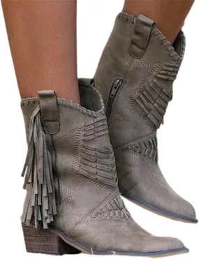 OMEARK Ladies Tassel Ankle Boots, Vintage Chunky Block Heel Western Leather Short Booties, Winter Pointed Toe Retro Keep Warm Flat Heel Western Chelsea Booties Shoes